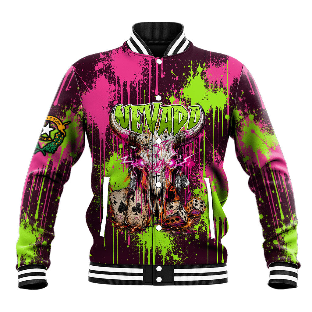 Nevada Area 51 Bull Skull Alien UFO Baseball Jacket Vibrant Pink Lime Paint Drip Graffiti Street Art Style