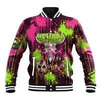 Nevada Area 51 Bull Skull Alien UFO Baseball Jacket Vibrant Pink Lime Paint Drip Graffiti Street Art Style