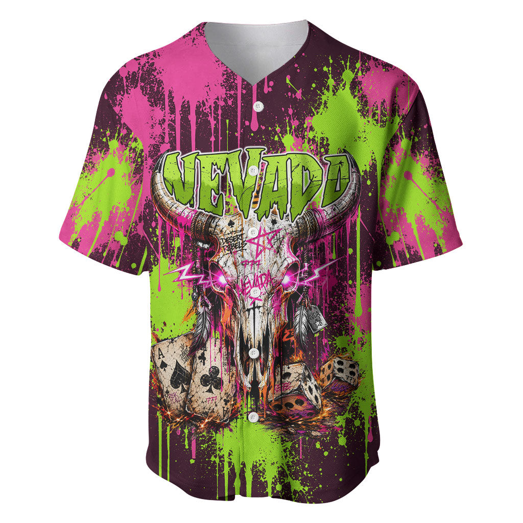 Nevada Area 51 Bull Skull Alien UFO Baseball Jersey Vibrant Pink Lime Paint Drip Graffiti Street Art Style