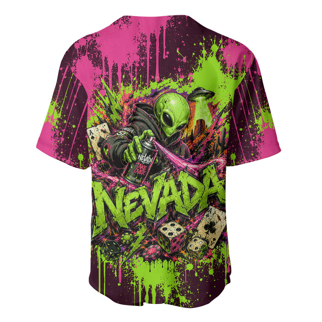Nevada Area 51 Bull Skull Alien UFO Baseball Jersey Vibrant Pink Lime Paint Drip Graffiti Street Art Style