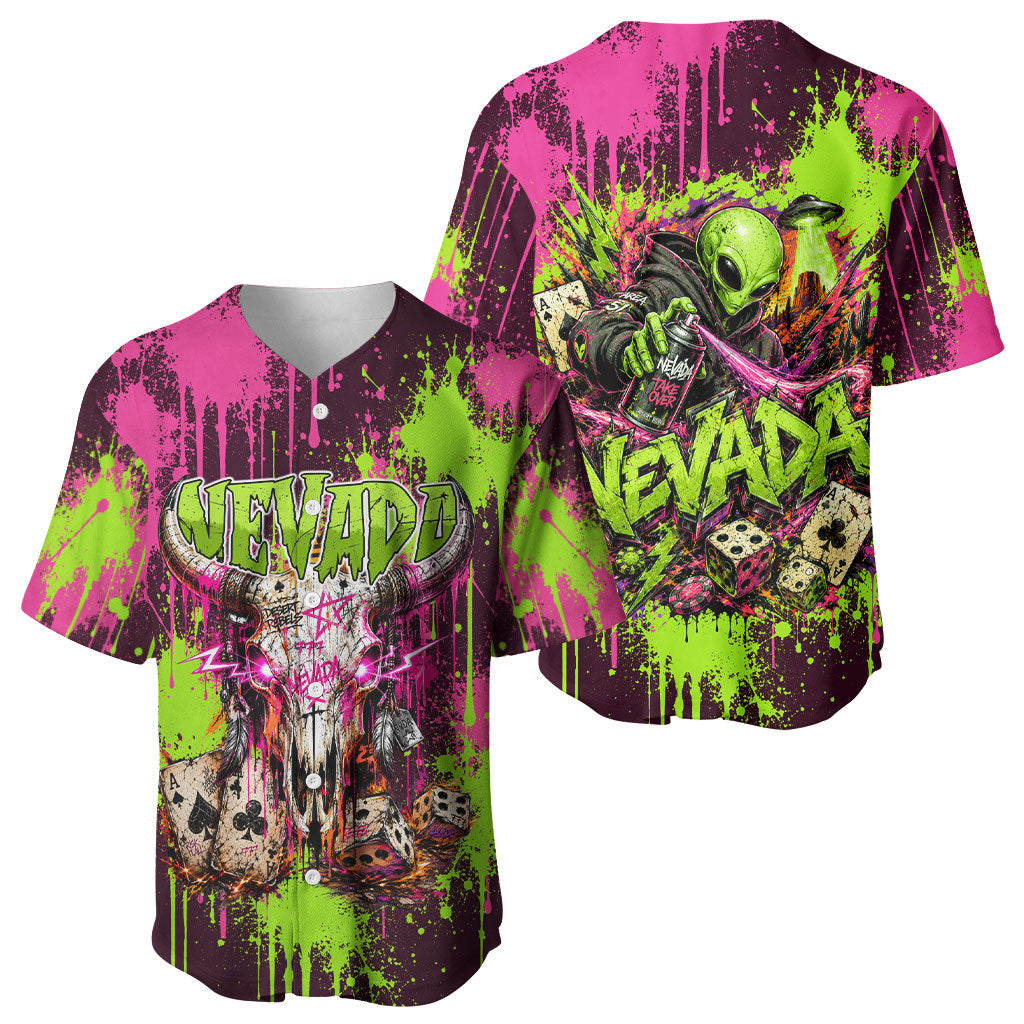 Nevada Area 51 Bull Skull Alien UFO Baseball Jersey Vibrant Pink Lime Paint Drip Graffiti Street Art Style