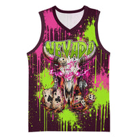 Nevada Area 51 Bull Skull Alien UFO Basketball Jersey Vibrant Pink Lime Paint Drip Graffiti Street Art Style