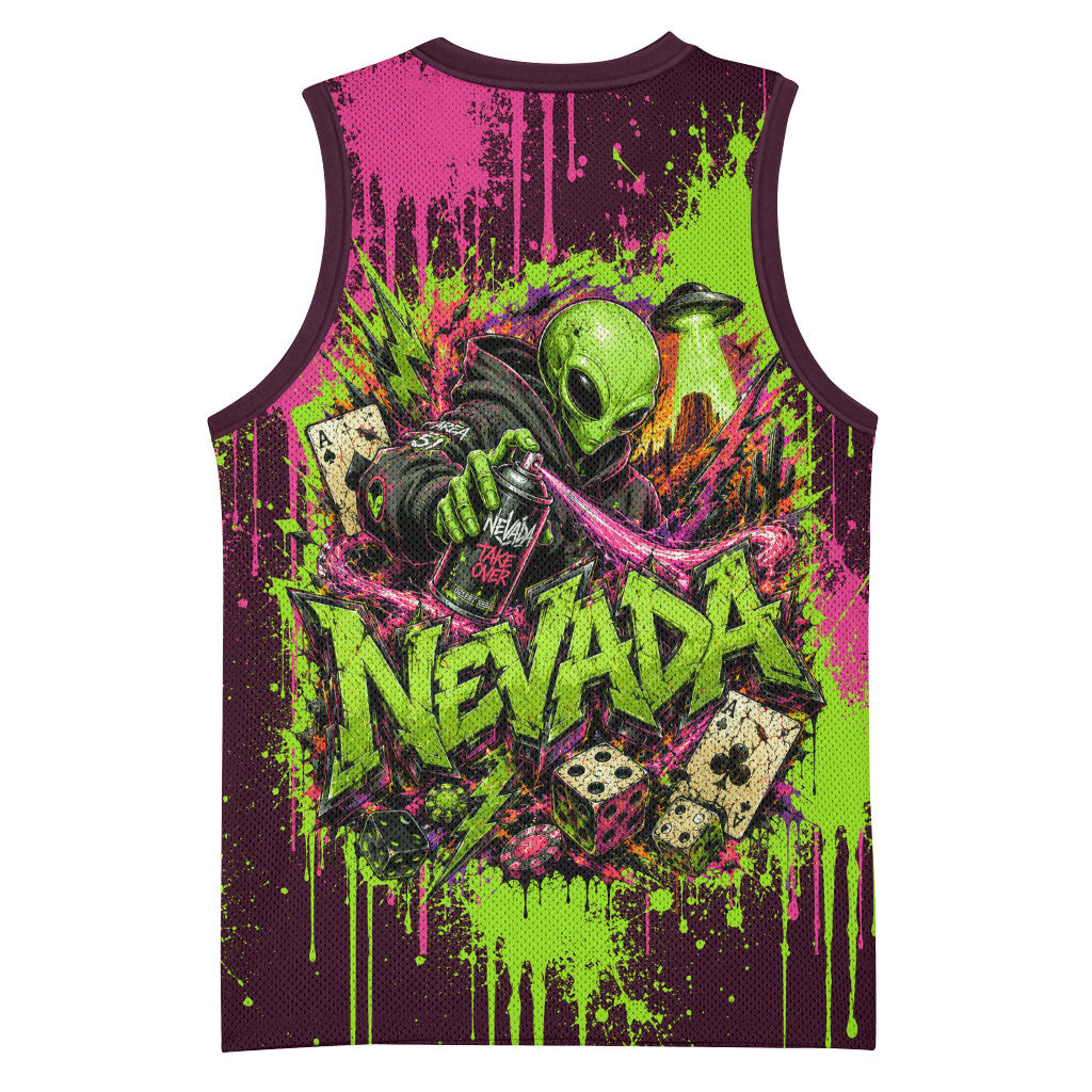 Nevada Area 51 Bull Skull Alien UFO Basketball Jersey Vibrant Pink Lime Paint Drip Graffiti Street Art Style