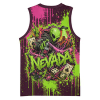 Nevada Area 51 Bull Skull Alien UFO Basketball Jersey Vibrant Pink Lime Paint Drip Graffiti Street Art Style