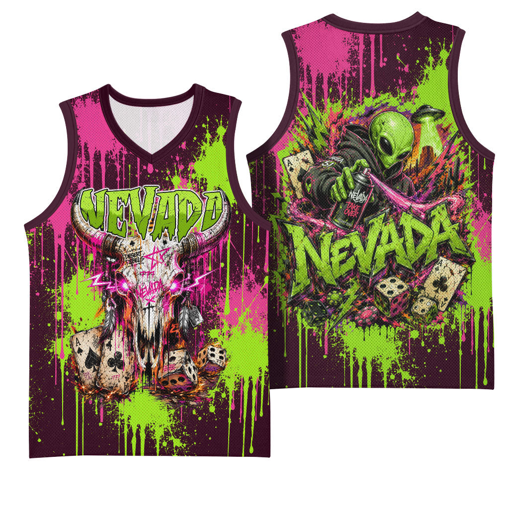 Nevada Area 51 Bull Skull Alien UFO Basketball Jersey Vibrant Pink Lime Paint Drip Graffiti Street Art Style
