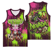 Nevada Area 51 Bull Skull Alien UFO Basketball Jersey Vibrant Pink Lime Paint Drip Graffiti Street Art Style