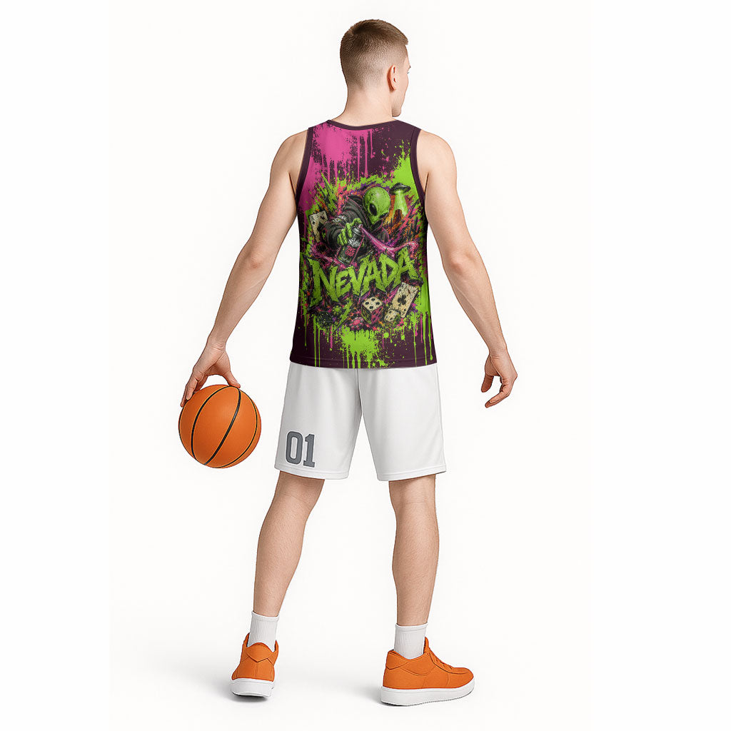 Nevada Area 51 Bull Skull Alien UFO Basketball Jersey Vibrant Pink Lime Paint Drip Graffiti Street Art Style