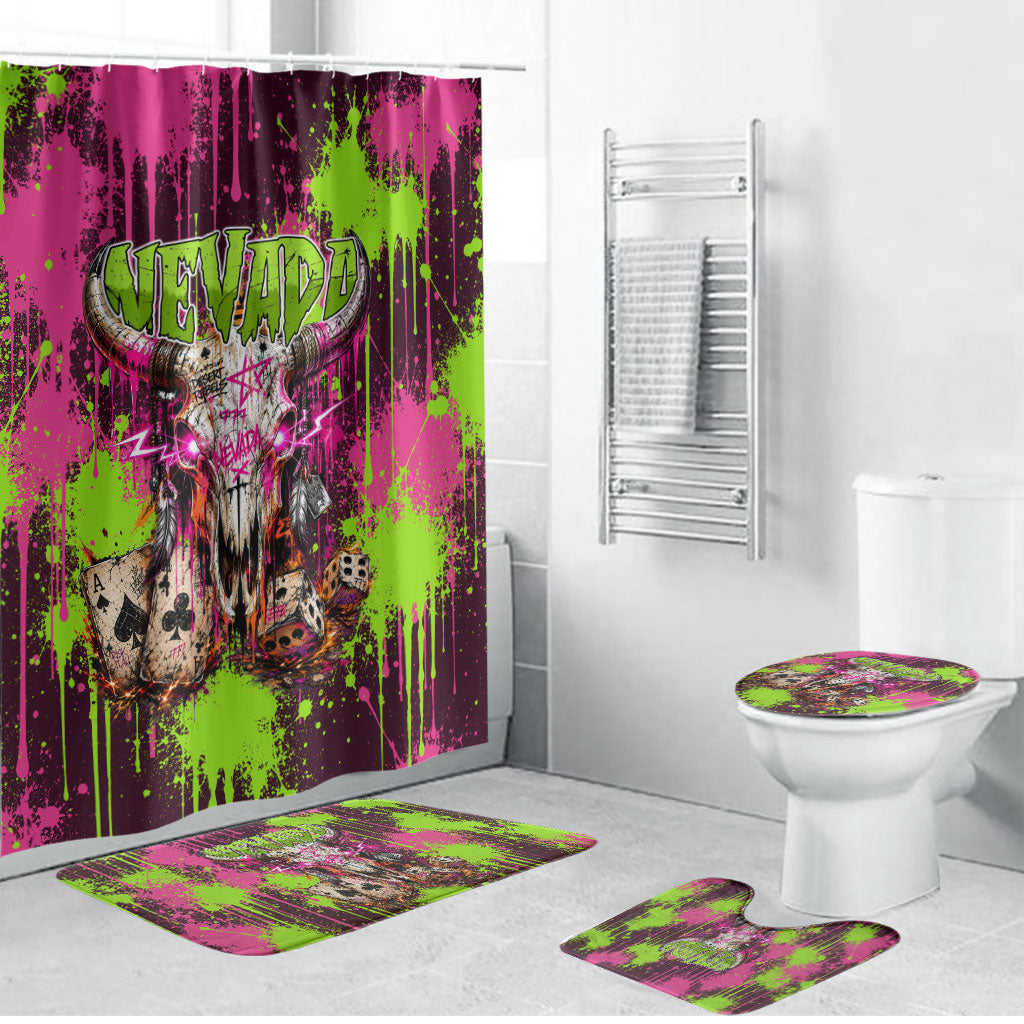 Nevada Area 51 Bull Skull Alien UFO Bathroom Set Vibrant Pink Lime Paint Drip Graffiti Street Art Style