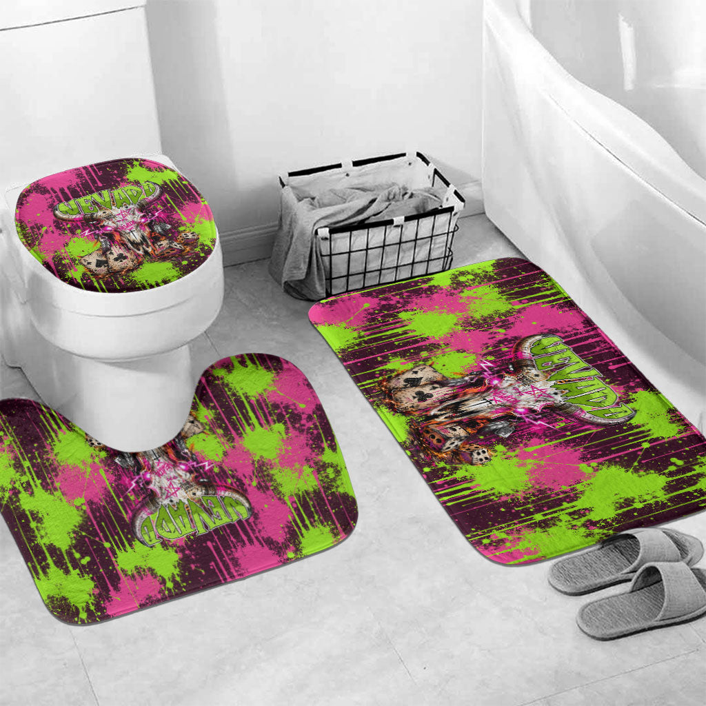 Nevada Area 51 Bull Skull Alien UFO Bathroom Set Vibrant Pink Lime Paint Drip Graffiti Street Art Style
