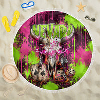 Nevada Area 51 Bull Skull Alien UFO Beach Blanket Vibrant Pink Lime Paint Drip Graffiti Street Art Style