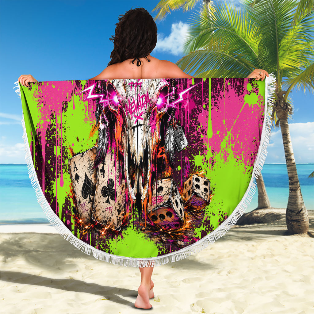 Nevada Area 51 Bull Skull Alien UFO Beach Blanket Vibrant Pink Lime Paint Drip Graffiti Street Art Style