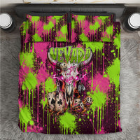 Nevada Area 51 Bull Skull Alien UFO Bedding Set Vibrant Pink Lime Paint Drip Graffiti Street Art Style
