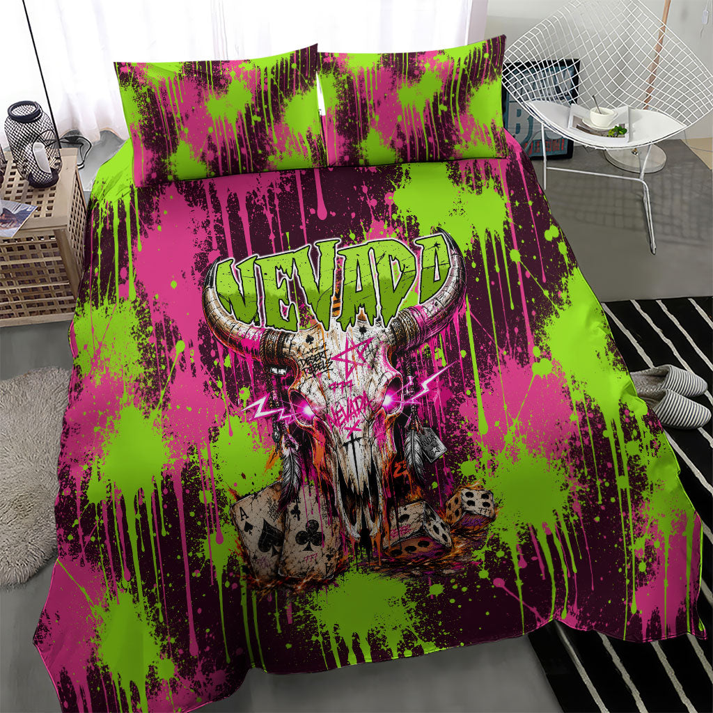 Nevada Area 51 Bull Skull Alien UFO Bedding Set Vibrant Pink Lime Paint Drip Graffiti Street Art Style