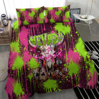 Nevada Area 51 Bull Skull Alien UFO Bedding Set Vibrant Pink Lime Paint Drip Graffiti Street Art Style