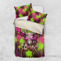 Nevada Area 51 Bull Skull Alien UFO Bedding Set Vibrant Pink Lime Paint Drip Graffiti Street Art Style