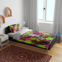 Nevada Area 51 Bull Skull Alien UFO Bedding Set Vibrant Pink Lime Paint Drip Graffiti Street Art Style