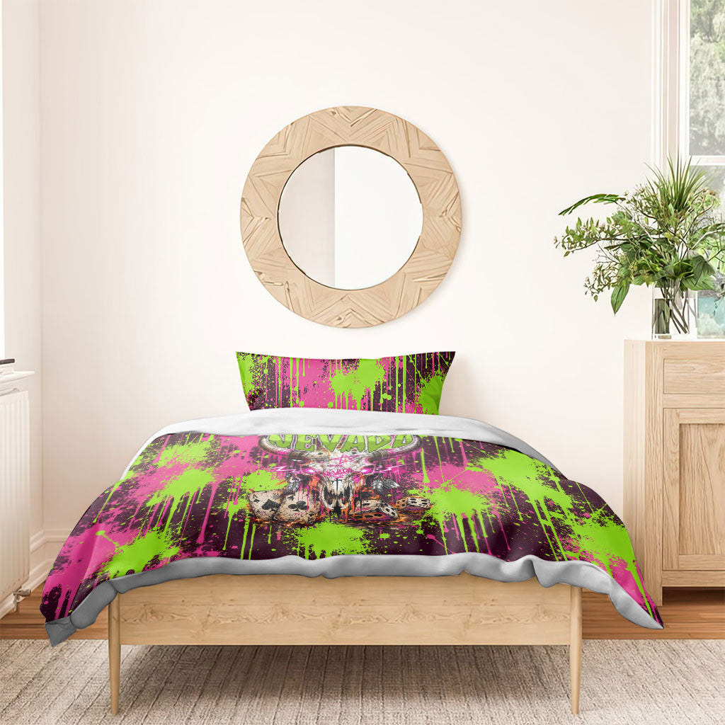 Nevada Area 51 Bull Skull Alien UFO Bedding Set Vibrant Pink Lime Paint Drip Graffiti Street Art Style