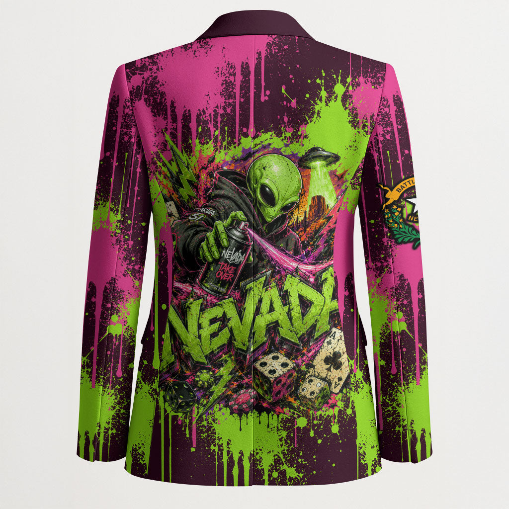 Nevada Area 51 Bull Skull Alien UFO Blazer Vibrant Pink Lime Paint Drip Graffiti Street Art Style