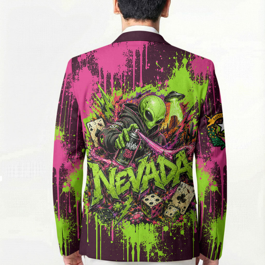 Nevada Area 51 Bull Skull Alien UFO Blazer Vibrant Pink Lime Paint Drip Graffiti Street Art Style