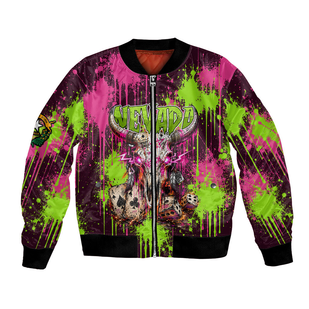 Nevada Area 51 Bull Skull Alien UFO Bomber Jacket Vibrant Pink Lime Paint Drip Graffiti Street Art Style