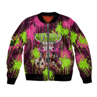 Nevada Area 51 Bull Skull Alien UFO Bomber Jacket Vibrant Pink Lime Paint Drip Graffiti Street Art Style
