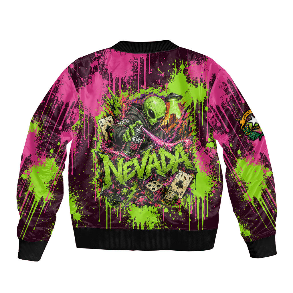 Nevada Area 51 Bull Skull Alien UFO Bomber Jacket Vibrant Pink Lime Paint Drip Graffiti Street Art Style