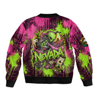 Nevada Area 51 Bull Skull Alien UFO Bomber Jacket Vibrant Pink Lime Paint Drip Graffiti Street Art Style