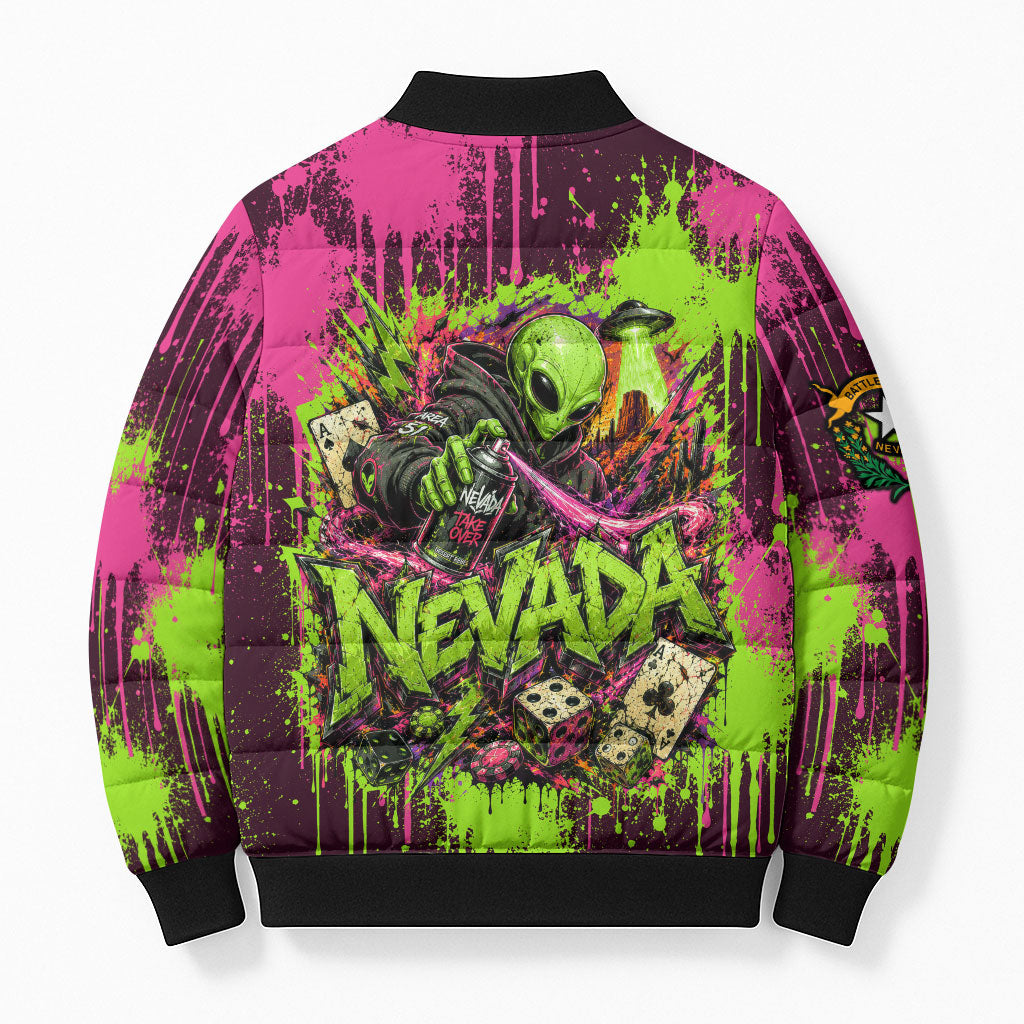 Nevada Area 51 Bull Skull Alien UFO Bomber Puffer Jacket Vibrant Pink Lime Paint Drip Graffiti Street Art Style