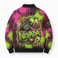 Nevada Area 51 Bull Skull Alien UFO Bomber Puffer Jacket Vibrant Pink Lime Paint Drip Graffiti Street Art Style