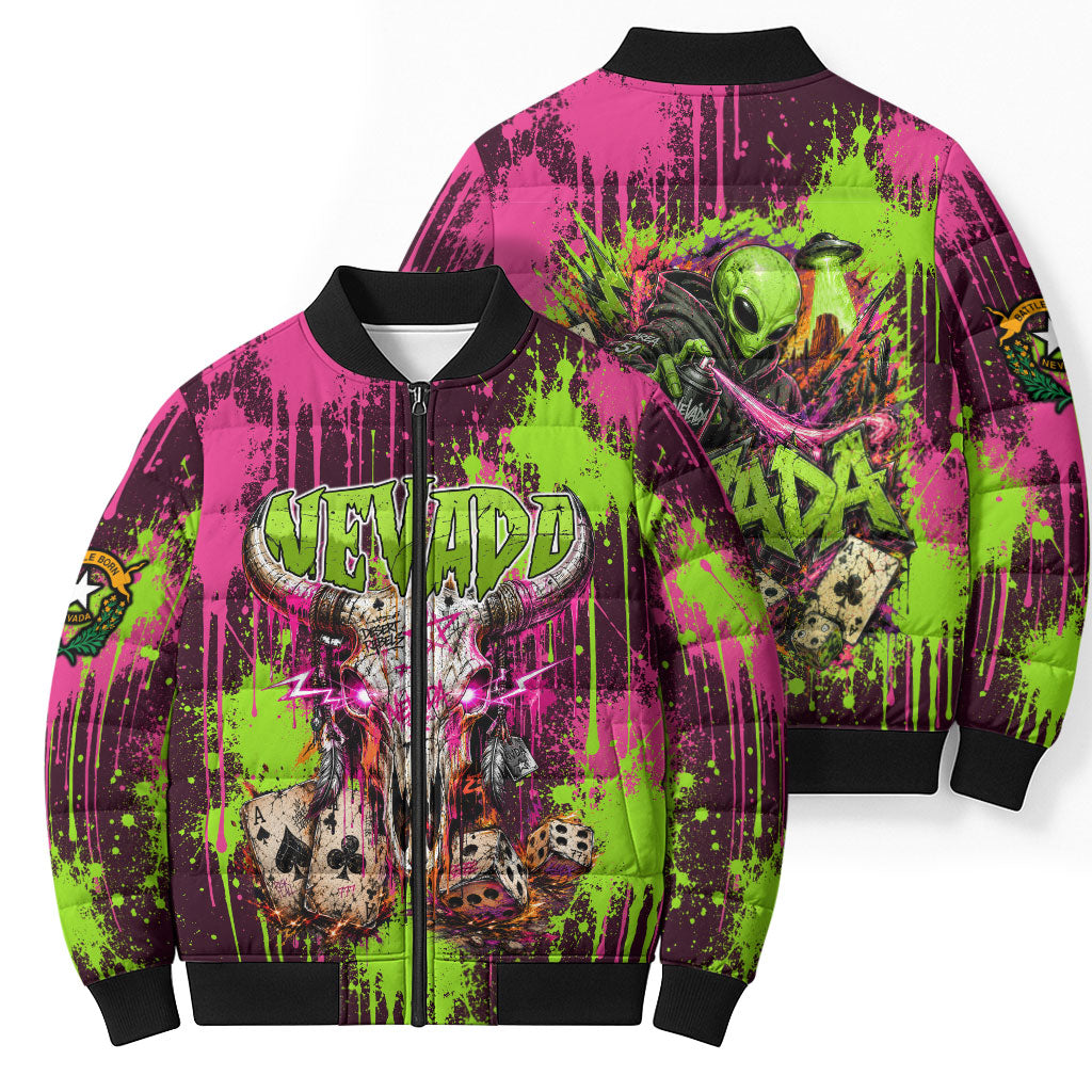 Nevada Area 51 Bull Skull Alien UFO Bomber Puffer Jacket Vibrant Pink Lime Paint Drip Graffiti Street Art Style