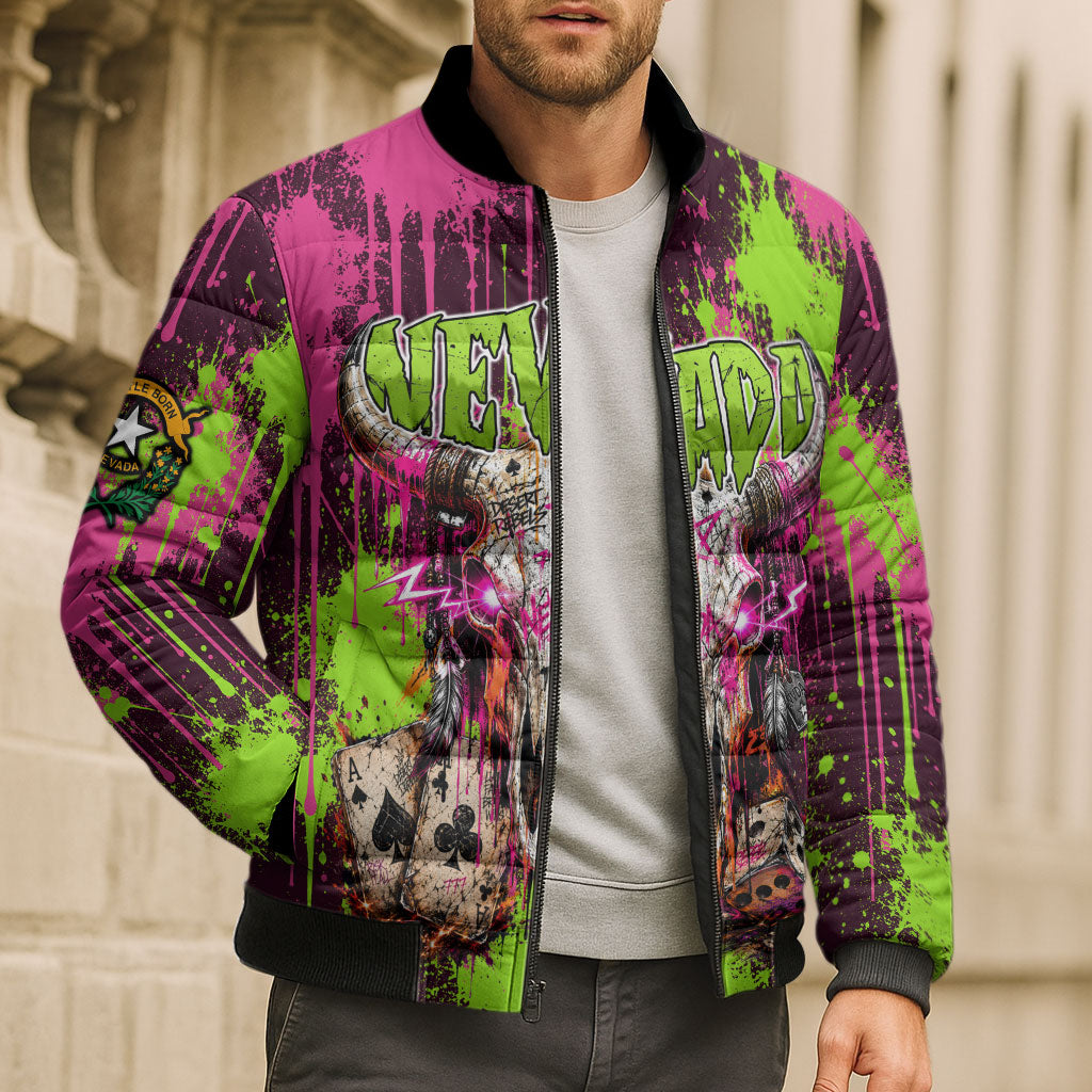 Nevada Area 51 Bull Skull Alien UFO Bomber Puffer Jacket Vibrant Pink Lime Paint Drip Graffiti Street Art Style