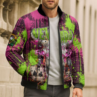 Nevada Area 51 Bull Skull Alien UFO Bomber Puffer Jacket Vibrant Pink Lime Paint Drip Graffiti Street Art Style
