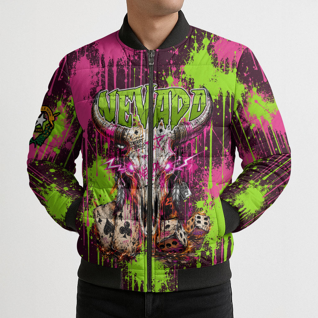 Nevada Area 51 Bull Skull Alien UFO Bomber Puffer Jacket Vibrant Pink Lime Paint Drip Graffiti Street Art Style