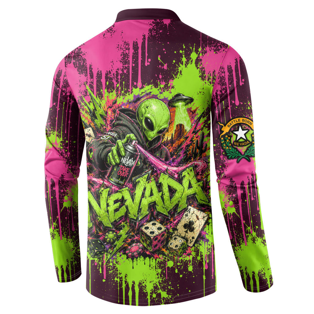 Nevada Area 51 Bull Skull Alien UFO Button Sweatshirt Vibrant Pink Lime Paint Drip Graffiti Street Art Style