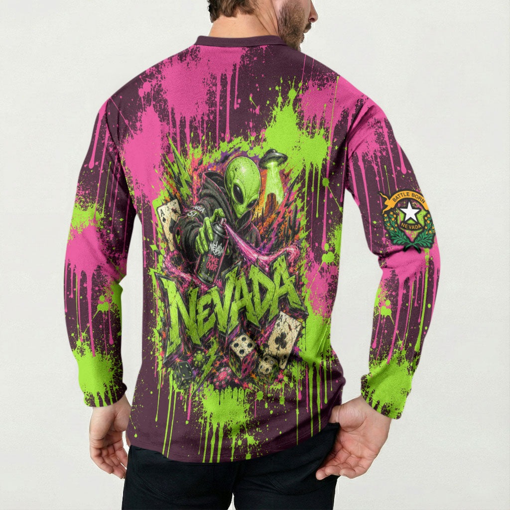 Nevada Area 51 Bull Skull Alien UFO Button Sweatshirt Vibrant Pink Lime Paint Drip Graffiti Street Art Style