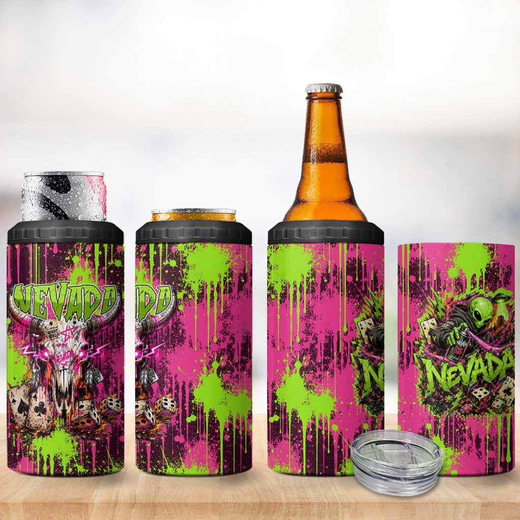 Nevada Area 51 Bull Skull Alien UFO 4 in 1 Can Cooler Tumbler Vibrant Pink Lime Paint Drip Graffiti Street Art Style