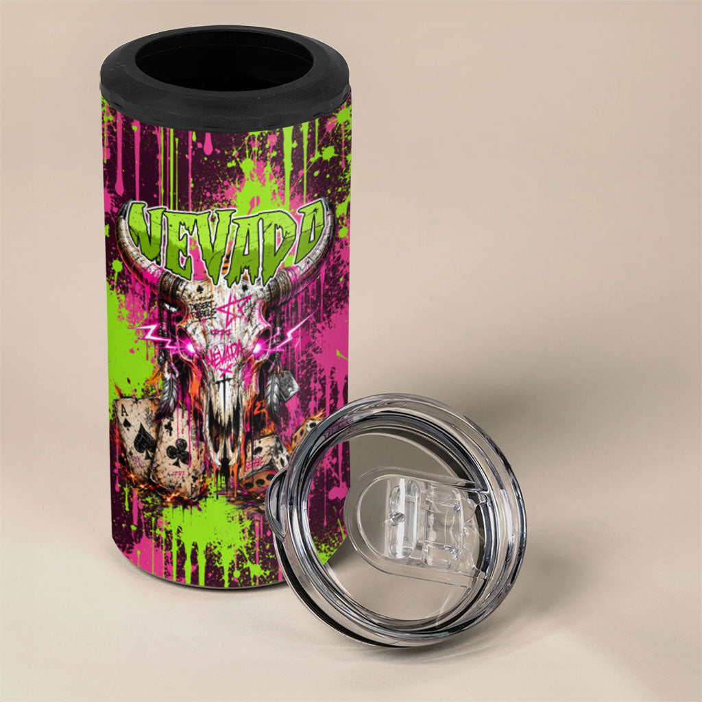 Nevada Area 51 Bull Skull Alien UFO 4 in 1 Can Cooler Tumbler Vibrant Pink Lime Paint Drip Graffiti Street Art Style