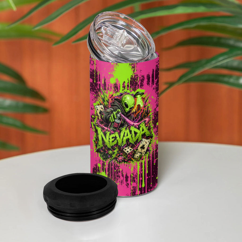 Nevada Area 51 Bull Skull Alien UFO 4 in 1 Can Cooler Tumbler Vibrant Pink Lime Paint Drip Graffiti Street Art Style