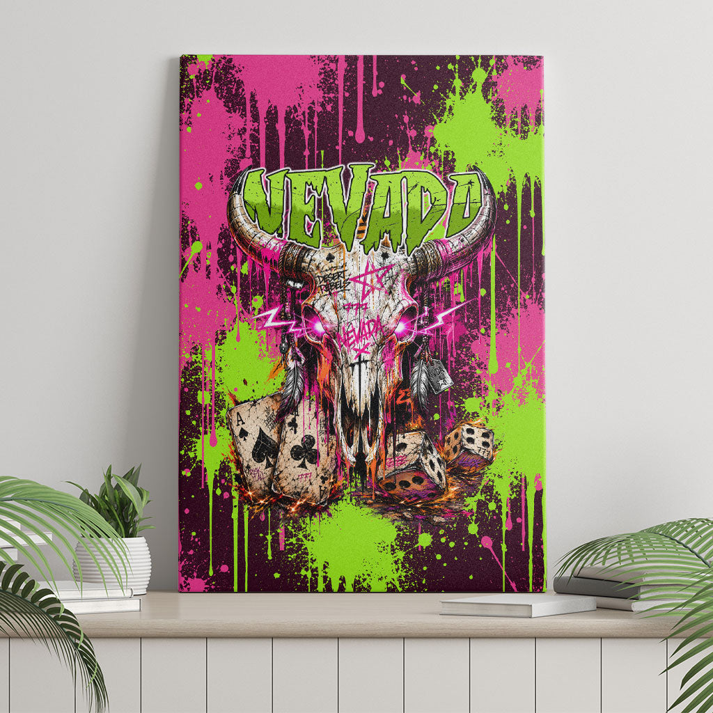 Nevada Area 51 Bull Skull Alien UFO Canvas Wall Art Vibrant Pink Lime Paint Drip Graffiti Street Art Style