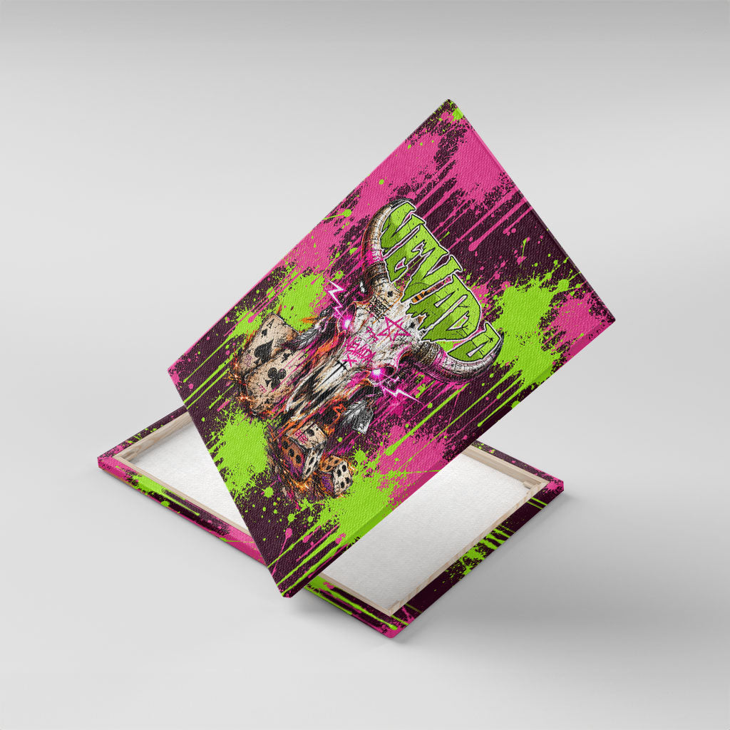 Nevada Area 51 Bull Skull Alien UFO Canvas Wall Art Vibrant Pink Lime Paint Drip Graffiti Street Art Style