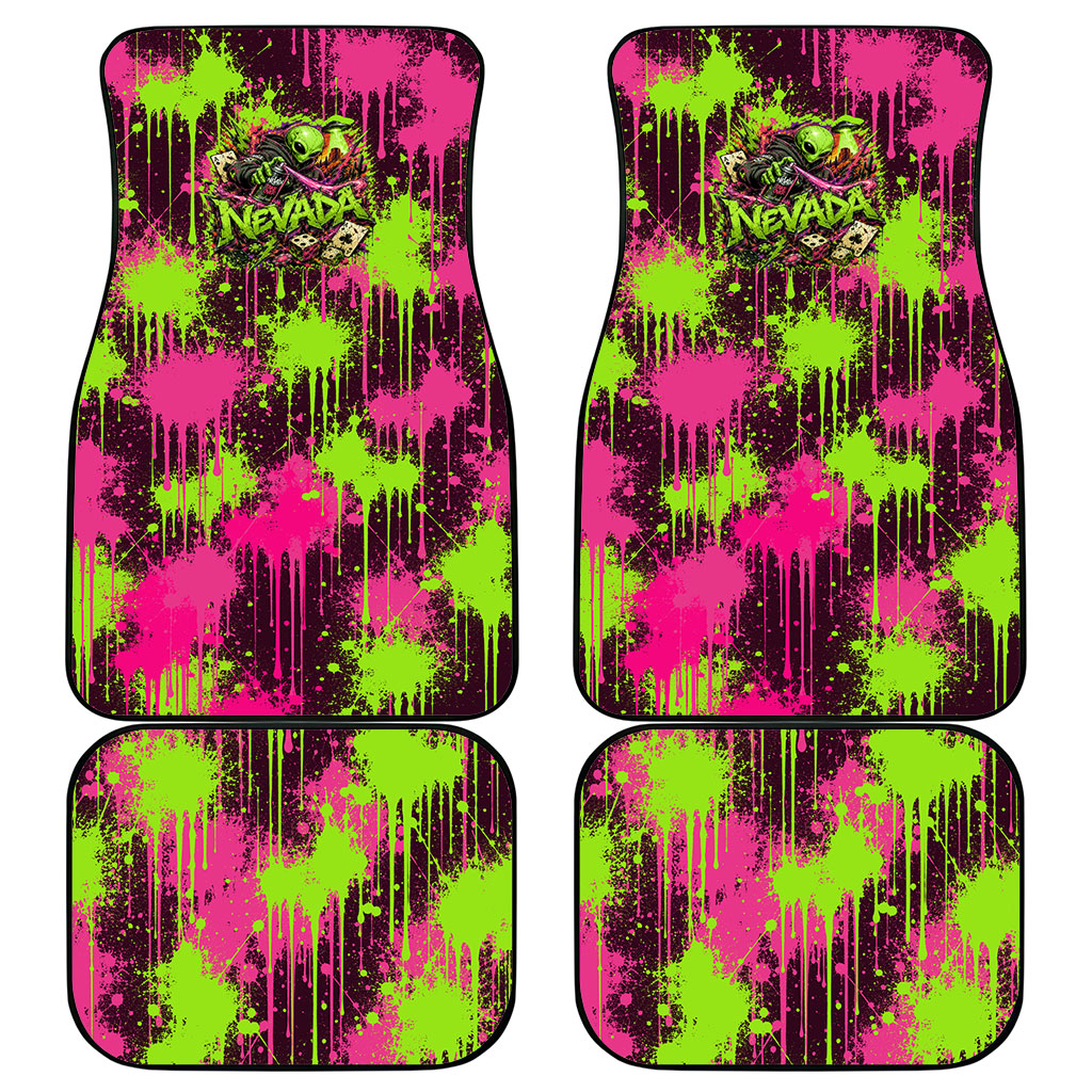 Nevada Area 51 Bull Skull Alien UFO Car Mats Vibrant Pink Lime Paint Drip Graffiti Street Art Style