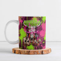 Nevada Area 51 Bull Skull Alien UFO Ceramic Mug Vibrant Pink Lime Paint Drip Graffiti Street Art Style