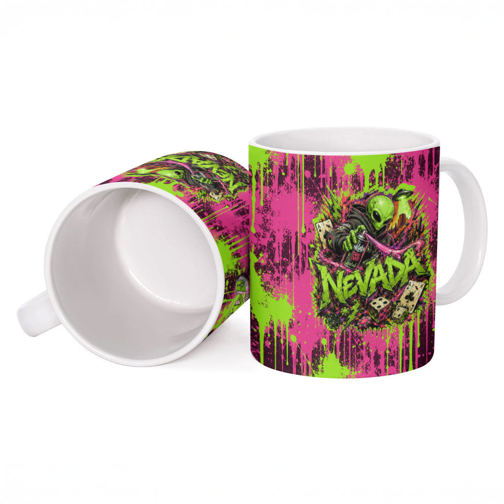 Nevada Area 51 Bull Skull Alien UFO Ceramic Mug Vibrant Pink Lime Paint Drip Graffiti Street Art Style
