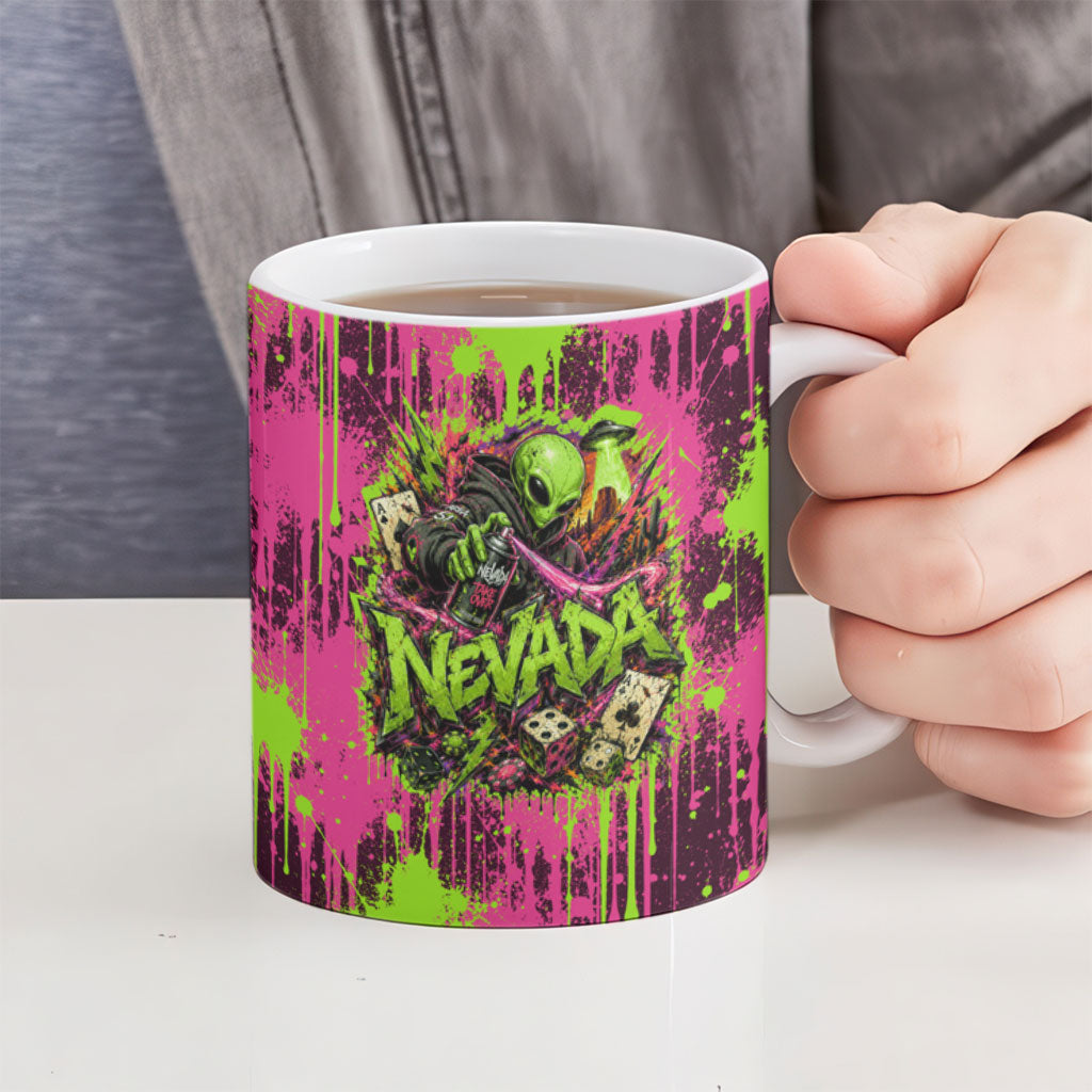Nevada Area 51 Bull Skull Alien UFO Ceramic Mug Vibrant Pink Lime Paint Drip Graffiti Street Art Style