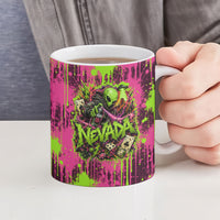 Nevada Area 51 Bull Skull Alien UFO Ceramic Mug Vibrant Pink Lime Paint Drip Graffiti Street Art Style