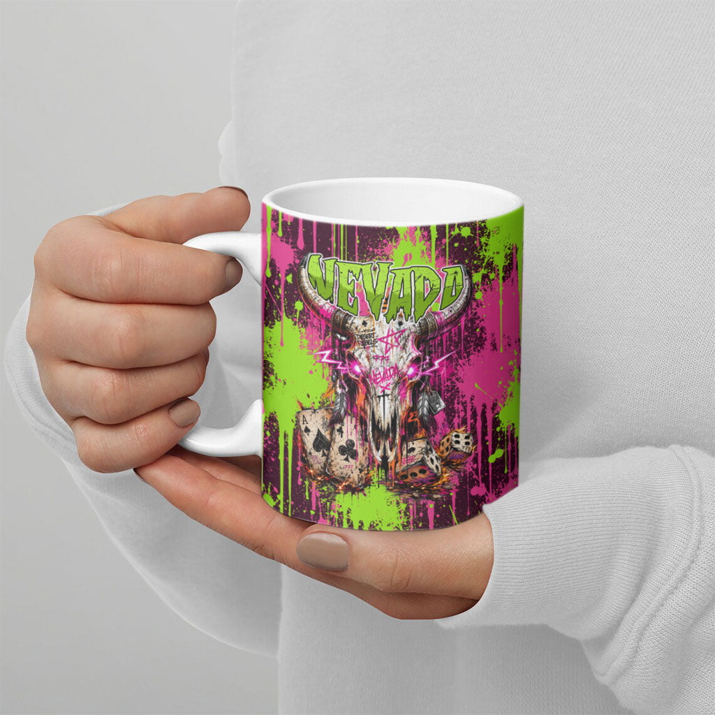 Nevada Area 51 Bull Skull Alien UFO Ceramic Mug Vibrant Pink Lime Paint Drip Graffiti Street Art Style