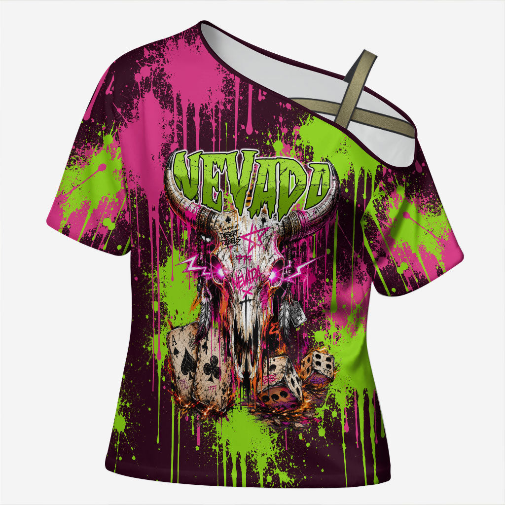 Nevada Area 51 Bull Skull Alien UFO Cross Shoulder Shirt Vibrant Pink Lime Paint Drip Graffiti Street Art Style