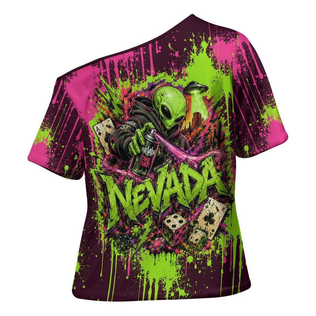 Nevada Area 51 Bull Skull Alien UFO Cross Shoulder Shirt Vibrant Pink Lime Paint Drip Graffiti Street Art Style