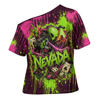 Nevada Area 51 Bull Skull Alien UFO Cross Shoulder Shirt Vibrant Pink Lime Paint Drip Graffiti Street Art Style