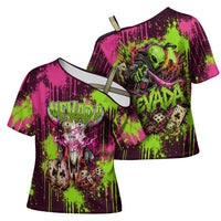 Nevada Area 51 Bull Skull Alien UFO Cross Shoulder Shirt Vibrant Pink Lime Paint Drip Graffiti Street Art Style